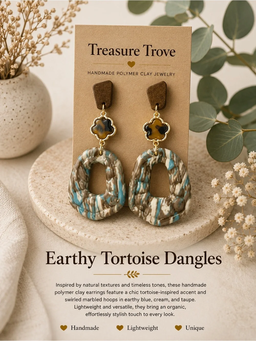 Treasure Trove Earthy Tortoise Dangle Earrings in Blue and Cream